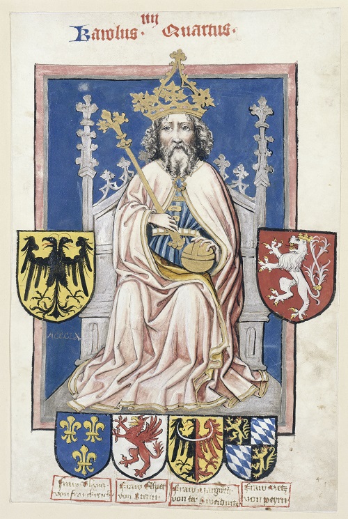 Bild: Kaiser Karl IV. mit den Wappen seiner vier Frauen