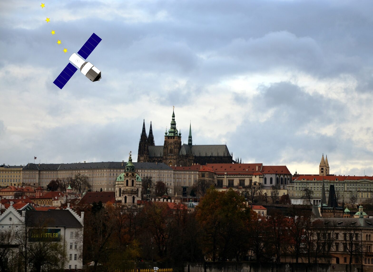 Foto-Collage: Raumstation Himmelspalast über der Prager Burg