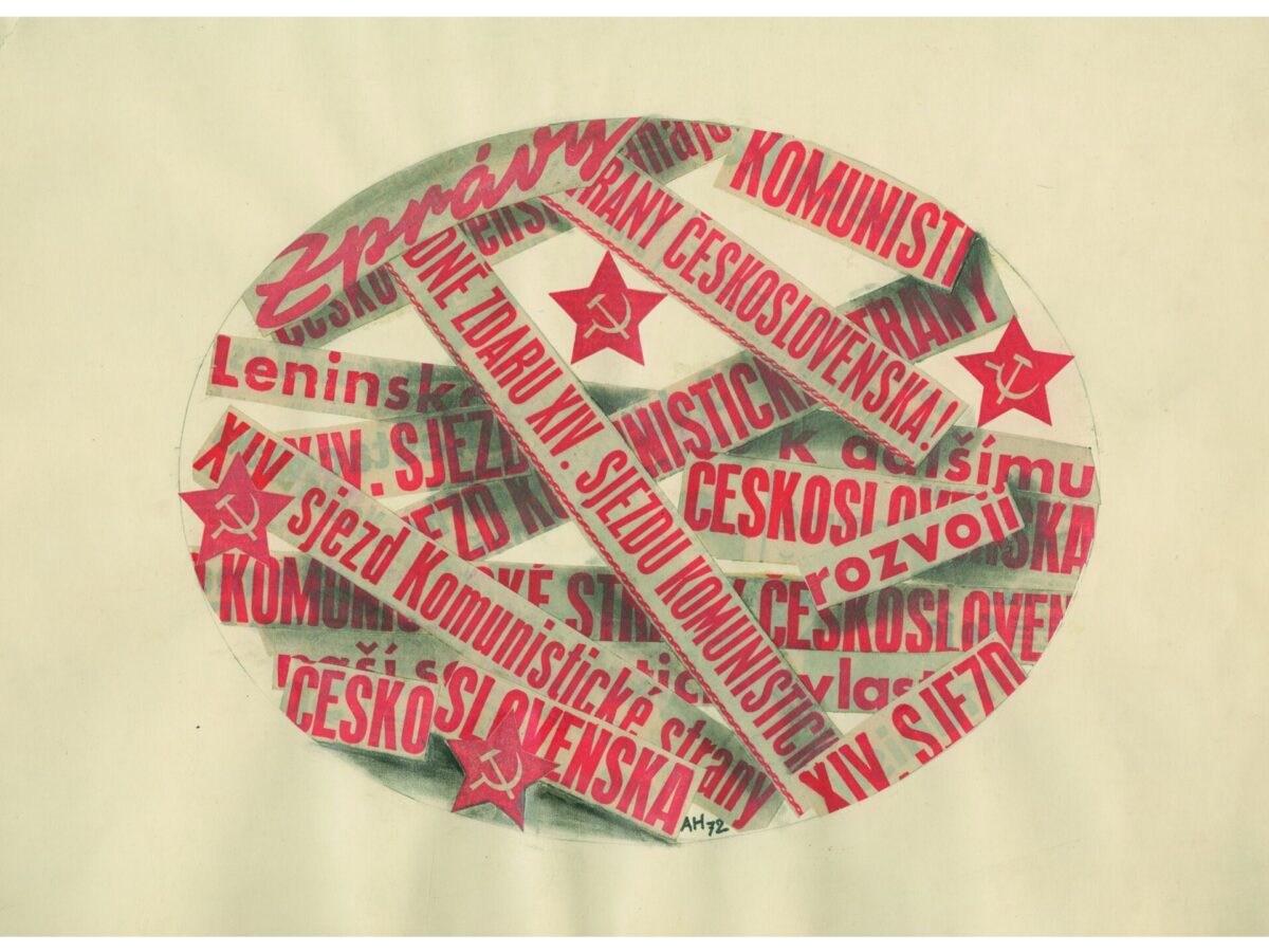 Adolf Hoffmeister: Propagandistische Idylle (Nachrichten waren Kollaboranten-Druckerzeugnisse), 1972, Sammlung „Neboltai“ (Quatsch nicht!) / Westböhmische Galerie in Pilsen