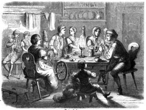 Illustration einer Spinnstube. In: Otto von Reinsberg-Düringsfeld: Das festliche Jahr in Sitten, Gebräuchen und Festen der germanischen Völker, 1863. Foto: Wikimedia Commons (als gemeinfrei gekennzeichnet)