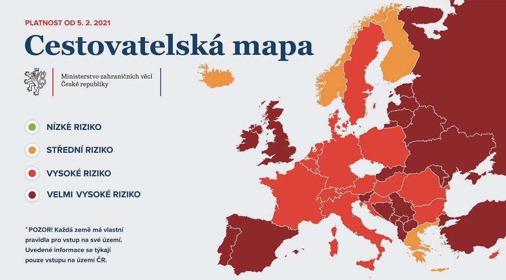 Ab Freitag gilt in Tschechien eine neue Corona-Reiseampel. Gebiete mit einem "sehr hohen Risiko" werden mit dunkelroter Farbe ausgewiesen. Foto: Ministerstvo zahraničních věcí České republiky