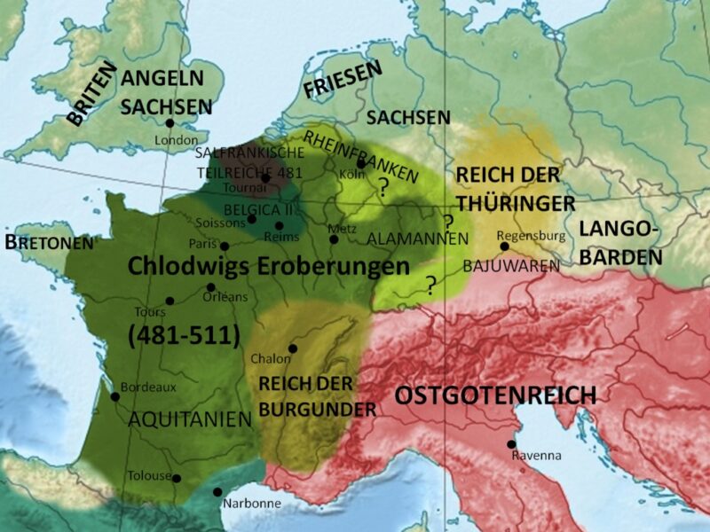 Reich der Thüringer an der Ostgrenze des Fränkischen Reichs um 500 n. Chr. Foto: Wikimedia Commons/ als gemeinfrei gekennzeichnet