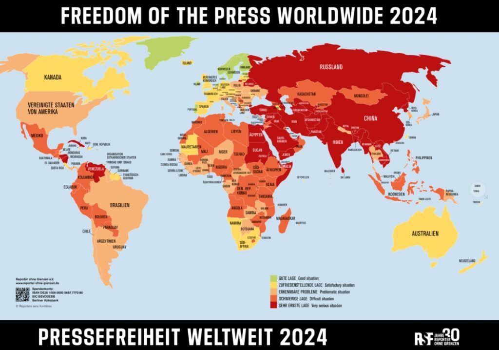 Die Karte gibt einen Überblick über den Stand der Medienfreiheit in der Welt. Bild: Reporter ohne Grenzen