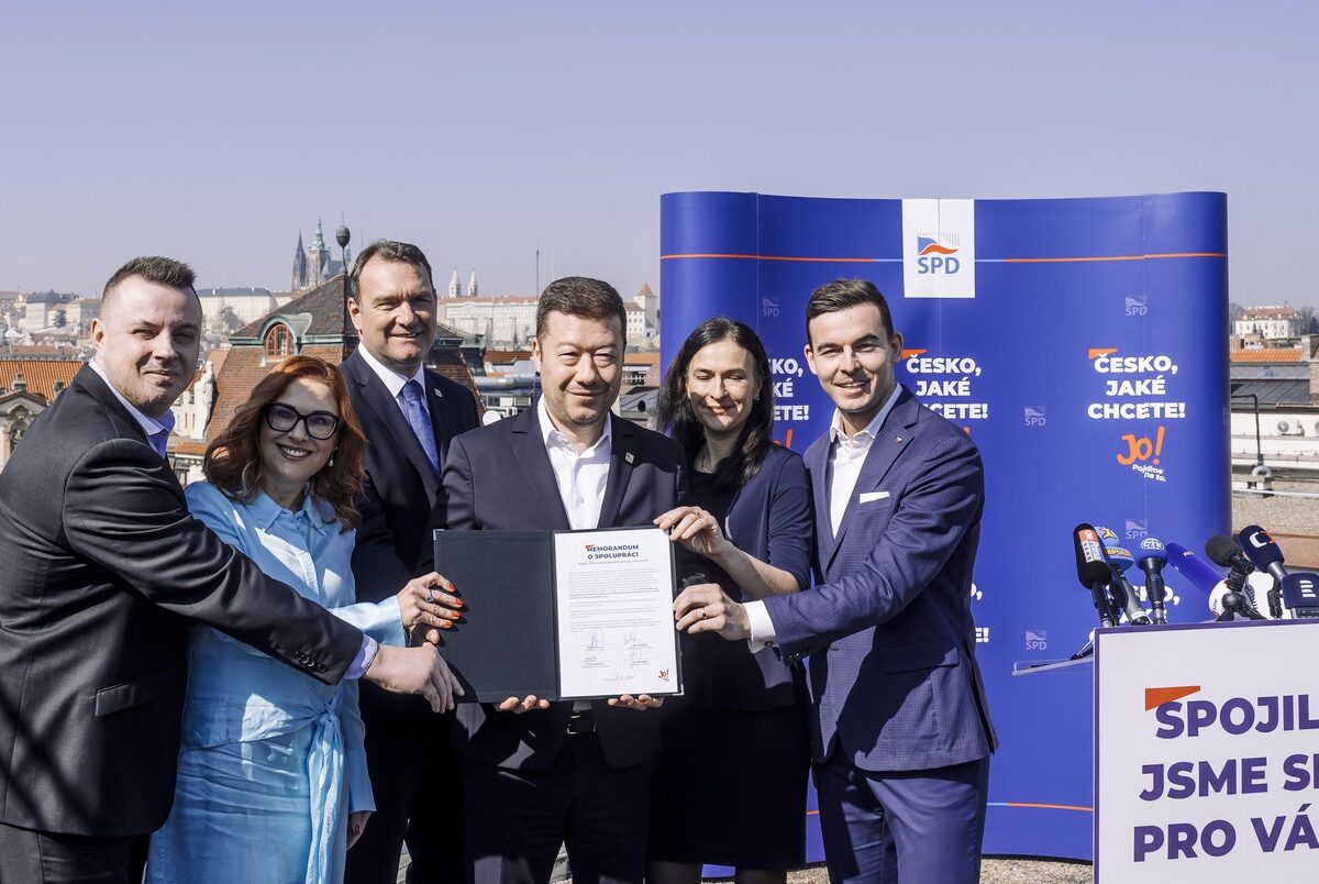 Am 21. März 2025 gaben die Vertreter von SPD, Svobodní, Trikolora und PRO ihre gemeinsame Kandidatur bekannt. Foto: PETR TOPIČ / MFDNES + LN / Profimedia