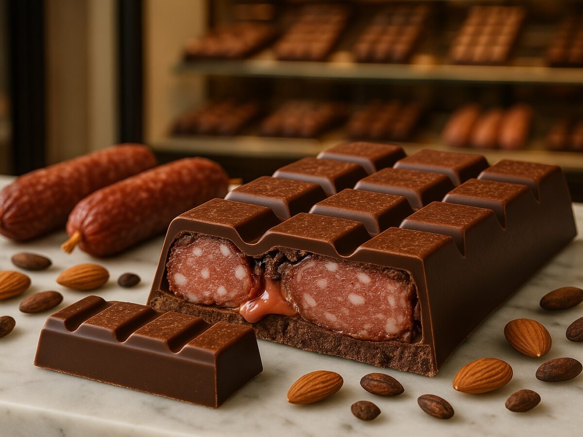 Wenn edle Zartbitterschokolade auf feinste Wurstsorten trifft: Die Prag-Schokolade vereint das Beste aus zwei Welten – und sorgt in Tschechien für Furore. Foto: OpenAI, generiert von LandesEcho