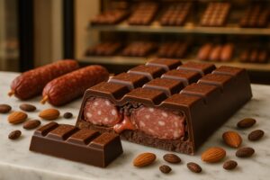 Wenn edle Zartbitterschokolade auf feinste Wurstsorten trifft: Die Prag-Schokolade vereint das Beste aus zwei Welten – und sorgt in Tschechien für Furore. Foto: OpenAI, generiert von LandesEcho