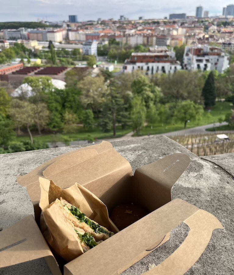 Pappverpackung mit Toast mit Räucherlachs, Frischkäse, Gurken und Rucola, dazu ein Schokotörtchen – genossen im Garten Grébovka mit Blick auf Prag.