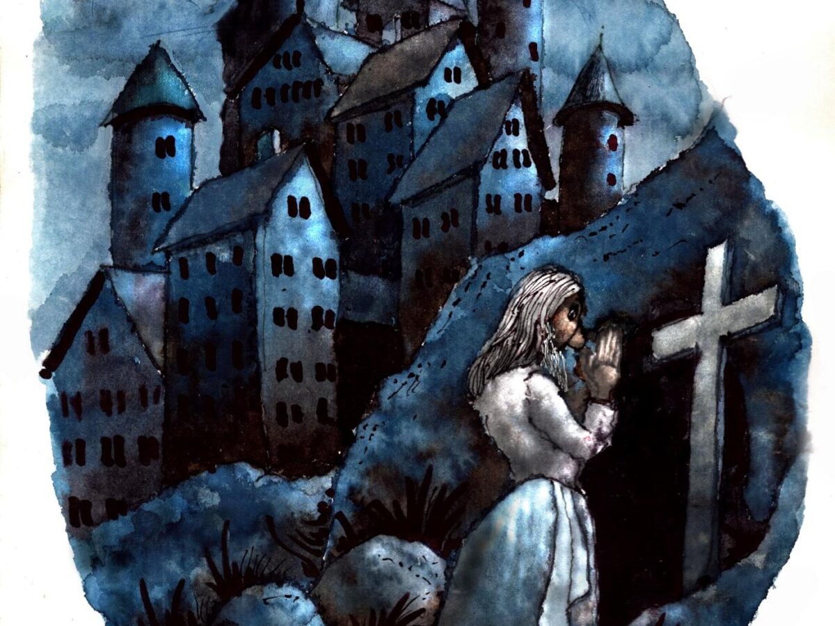 Eine Person betet, im Hintergrund, auf einem Hügel, thront die Burg Blanz.