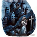 Eine Person betet, im Hintergrund, auf einem Hügel, thront die Burg Blanz.