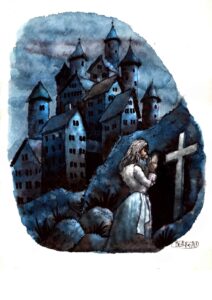 Eine Person betet, im Hintergrund, auf einem Hügel, thront die Burg Blanz.