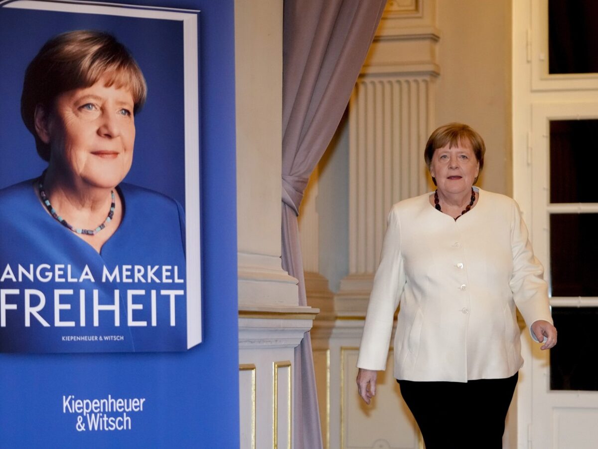 Former German Chancellor Angela Merkel arrives for the presentation of her memories in Berlin, Germany, Tuesday, Nov. 26, 2024. Book title reads "Freedom".