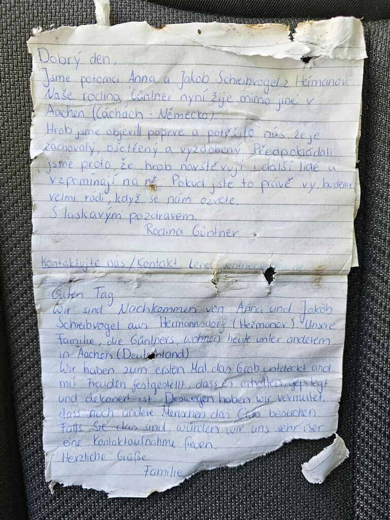 Diese Nachricht wurde am Grab der Familie Schreibvogel gefunden.