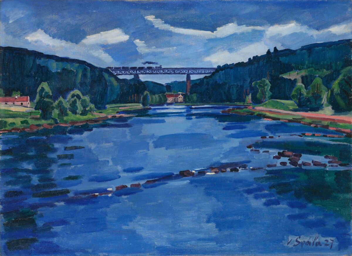 Špála, Václav: Krajina u Červené nad Vltavou (Landschaft bei Tscherwena an der Moldau). Die Ausstellung in der Reithalle der Prager Burg würdigt die kulturelle und nationale Bedeutung der Moldau (tsch. Vlatva) für Tschechien.