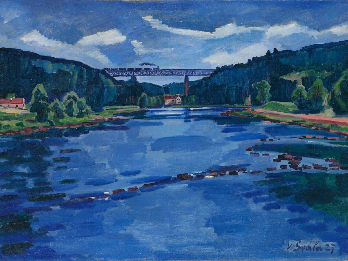 Špála, Václav: Krajina u Červené nad Vltavou (Landschaft bei Tscherwena an der Moldau). Die Ausstellung in der Reithalle der Prager Burg würdigt die kulturelle und nationale Bedeutung der Moldau (tsch. Vlatva) für Tschechien.