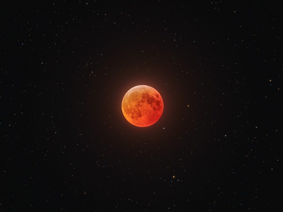 Eine Mondfinsternis tritt dann auf, wenn der Mond in den Schatten der Erde eintritt. Der Mond erscheint dann rötlich.