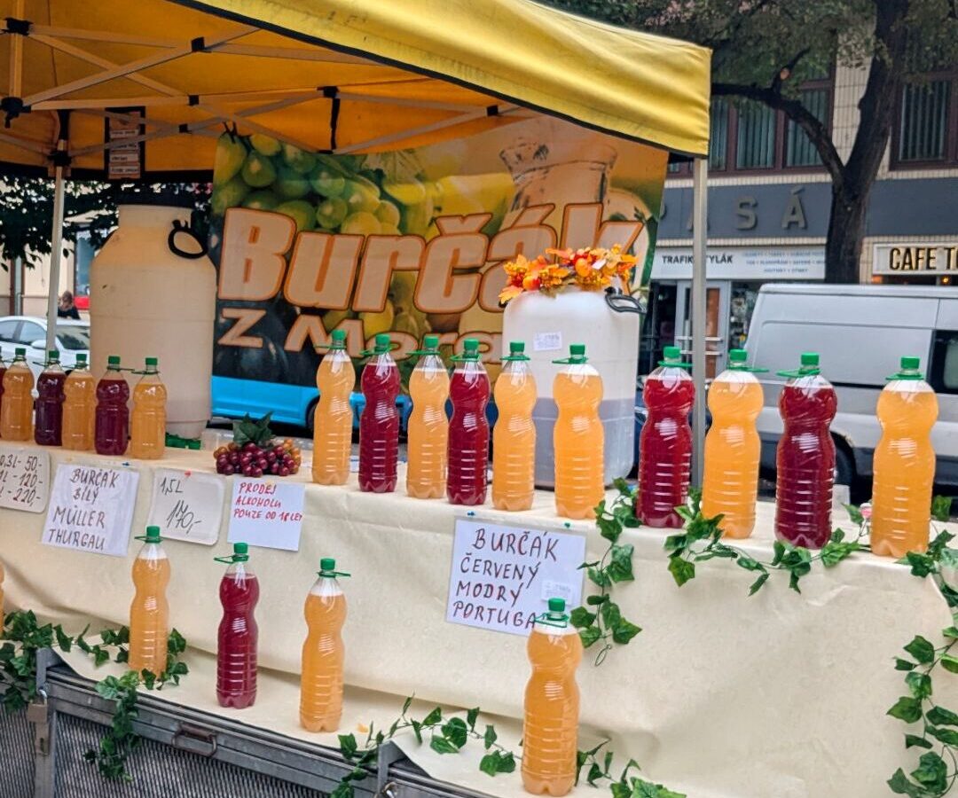 Burčák - tschechischer Federweisser - wird oft auf dem Markt verkauft und ist in verschiedenen Sorten bzw. Farben erhältlich.