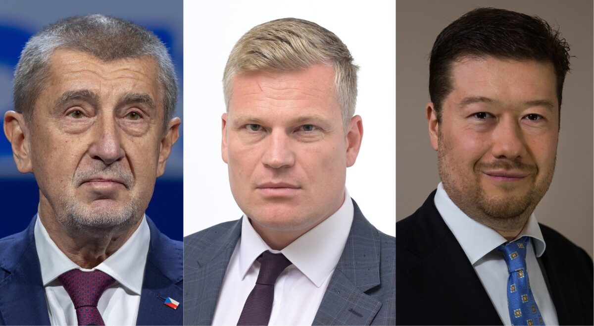 Andrej Babiš (ANO), Filip Turek (Motoristen) und Tomio Okamura (SPD) (v.l.n.r.) verhandeln über eine gemeinsame Regierung.