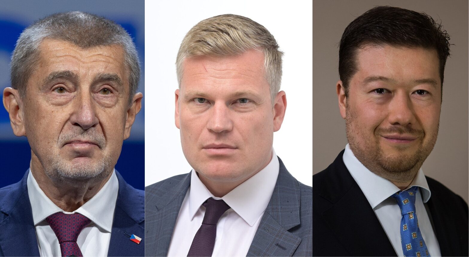 Andrej Babiš (ANO), Filip Turek (Motoristen) und Tomio Okamura (SPD) (v.l.n.r.) verhandeln über eine gemeinsame Regierung.