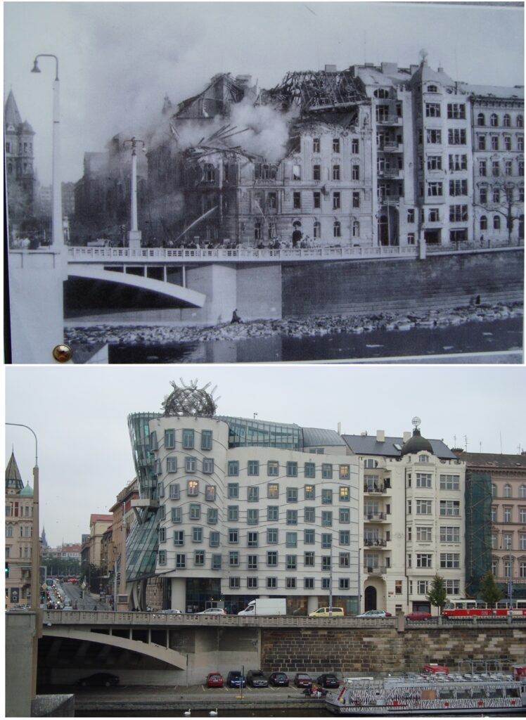 Das "Tanzende Haus" im Jahr 2010 und das von einer Bombe getroffene Gebäude 1945.