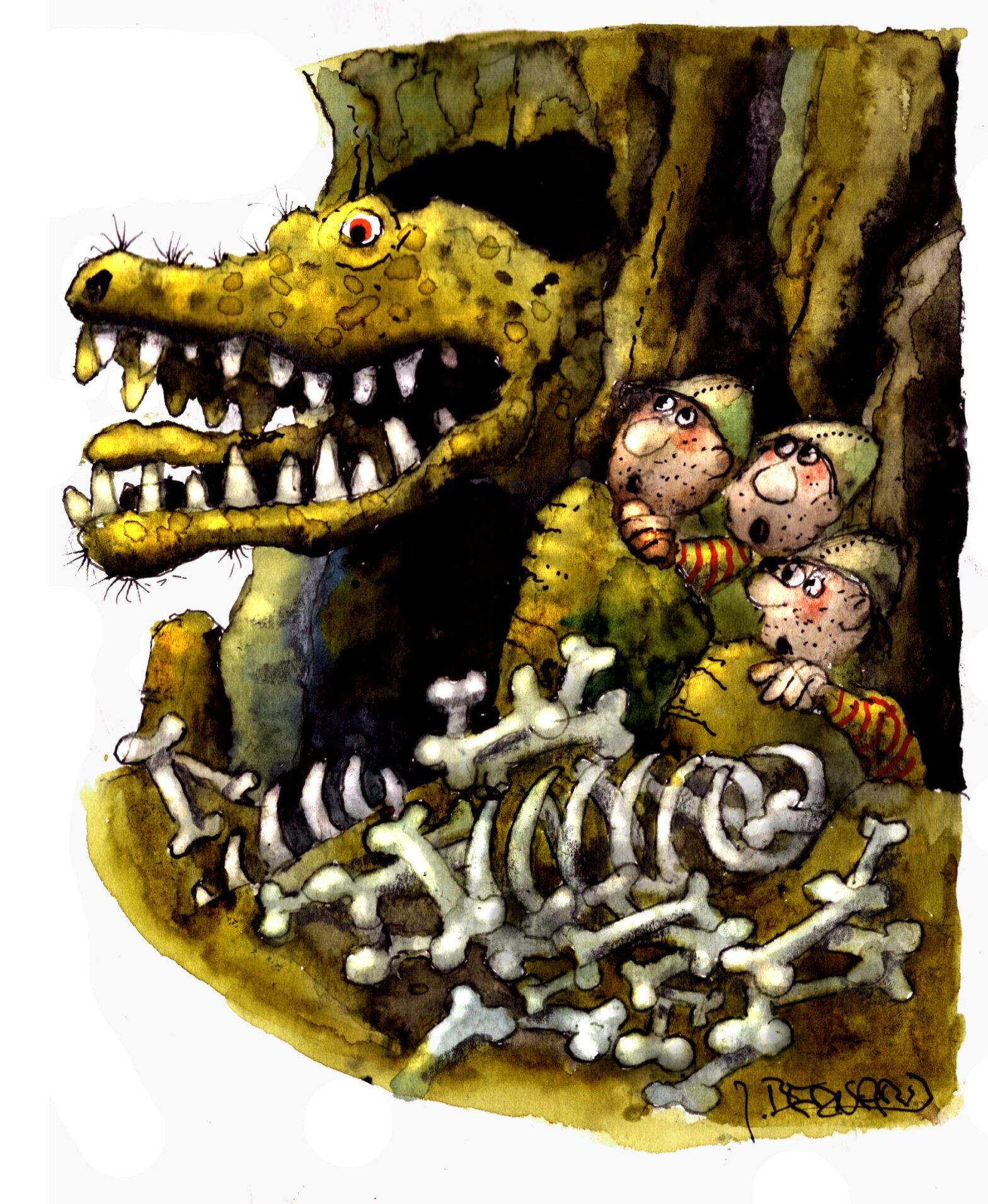 Aus der Höhle ragte ein riesiges Maul, aus dem eine monströse Zunge hing und in dessen Kiefern große, scharfe Zähne blitzten. Die verängstigten Baumeister rannten sofort zurück.