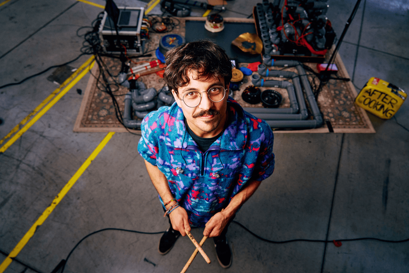 Musiker Jonas Holland alias AfterCooking steht vor seinem Setup aus Rohren und Töpfen in verschiedensten Größen.