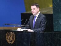 Tschechiens Außenminister Petr Macinka (Motoristen) während seiner Rede vor der UN-Vollversammlung am 24. Februar 2026.