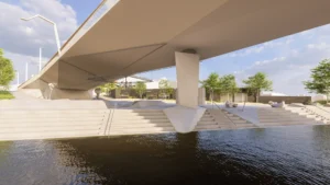 In Podolí unter der Brücke soll später ein Skatepark sowie eine Badestelle entstehen.