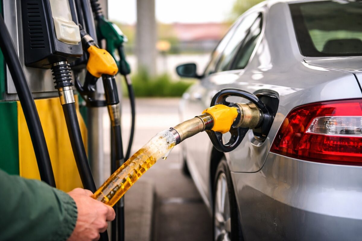 Ein Autofahrer tankt an einer Zapfsäule kein Benzin, sondern Bier: Tschechische Forscher arbeiten an einem alternativen Antriebssystem auf Basis von Hopfen und Malz. Foto: OpenAI, generiert von LandesEcho