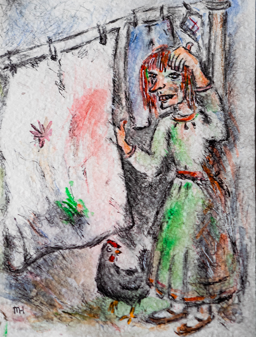 Die alte Frau Dora mit ihrer schwarzen Henne.