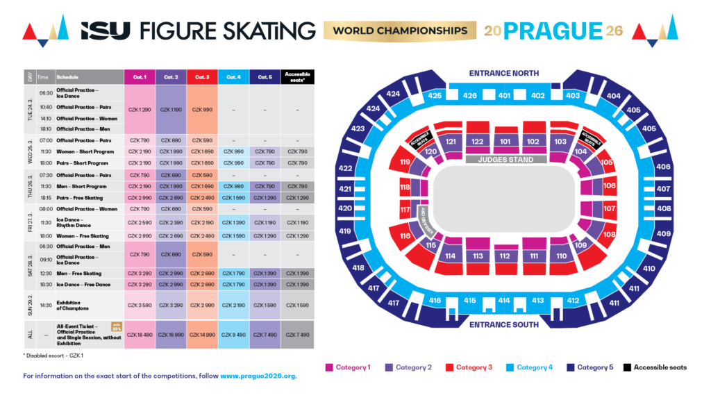 Eine Übersicht der Eiskunstlauf Weltmeisterschaft 2026 in Prag für die Ticketpreise, den Zeitplan und den Sitzplatzkategorien.