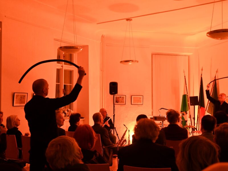 Das Künstlertrio „Klangprojekt“ sorgte für die musikalische Begleitung. Dabei kamen neben einer Schofa – einem Widderhorn – auch diese Röhren zum Einsatz, welche, schnell über den Kopf geschwungen, ungewohnte Klänge verursachten.