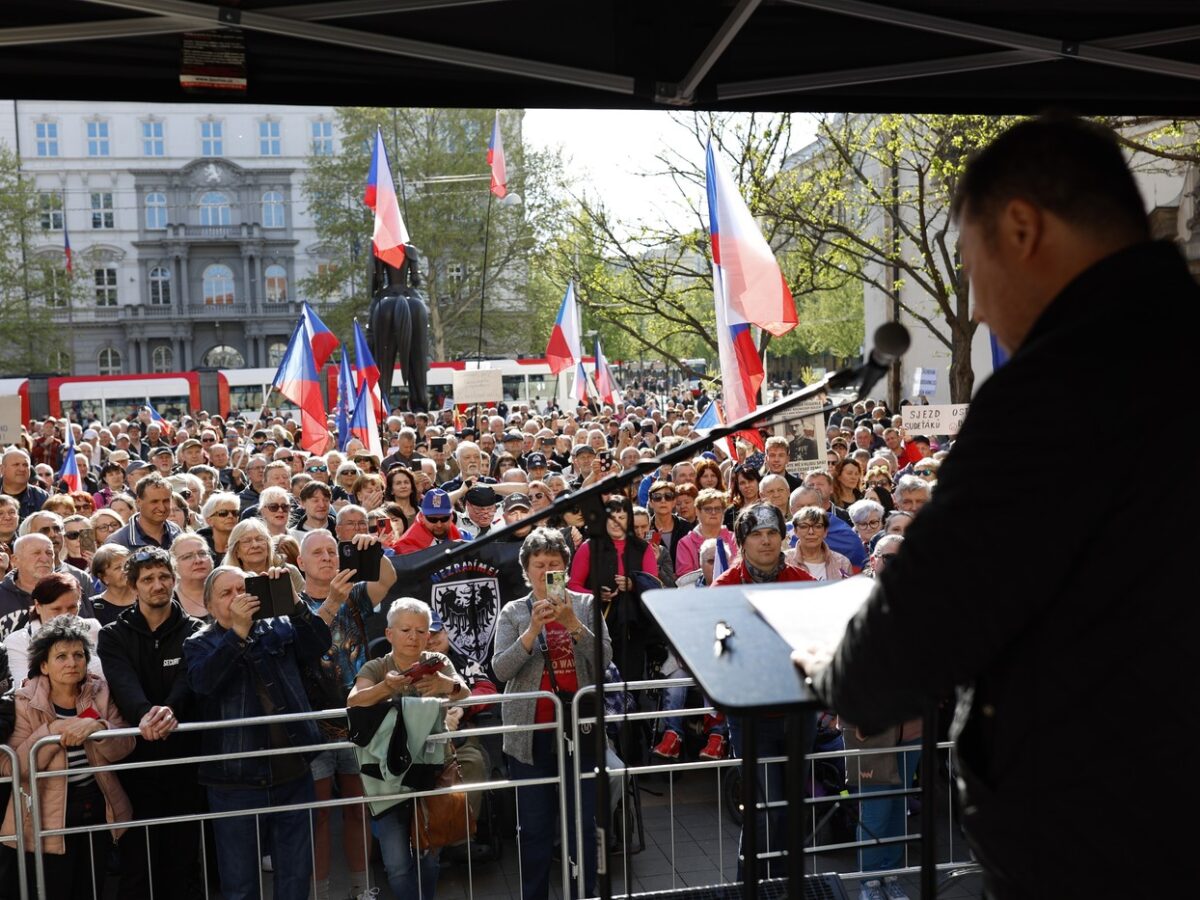 Neben Plakaten hielten viele Demonstranten die tschechische Nationalflagge nach oben.
