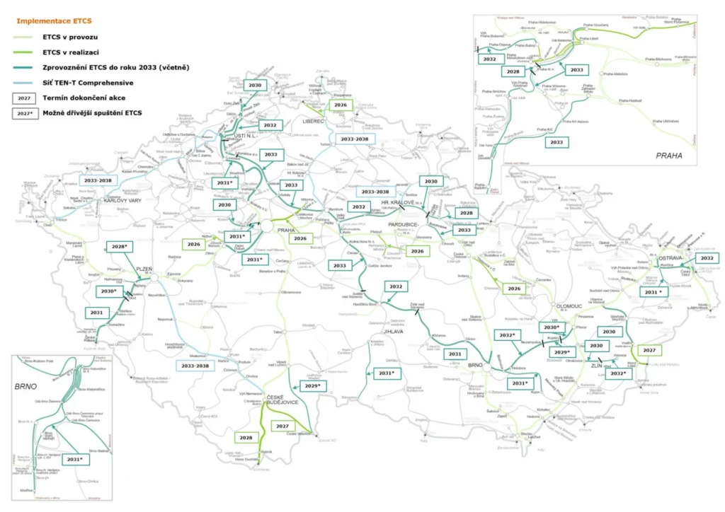 Mit dem europaweiten Sicherheitssystem ETCS will die tschechische Eisenbahnverwaltung den Bahnverkehr sicherer und leistungsfähiger machen. Die Grafik zeigt den geplanten Ausbau bis 2033.