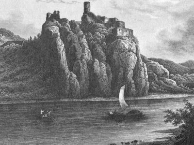 Der Schreckenstein (Střekov) bei Aussig (Ústí nad Labem) auf einer historischen Darstellung um 1850. Die Burgruine gilt als einer der Orte, an denen Richard Wagner während seines Böhmen-Aufenthalts Inspiration für seinen Tannhäuser gefunden haben soll.