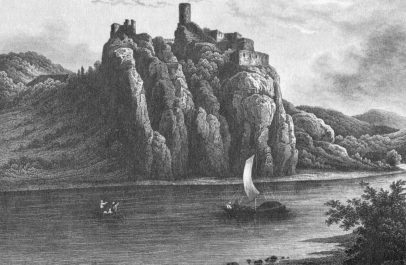 Der Schreckenstein (Střekov) bei Aussig (Ústí nad Labem) auf einer historischen Darstellung um 1850. Die Burgruine gilt als einer der Orte, an denen Richard Wagner während seines Böhmen-Aufenthalts Inspiration für seinen Tannhäuser gefunden haben soll.