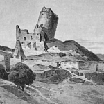 Eine historische Zeichnung von Karel Liebscher aus dem 19. Jahrhundert zeigt: Der Turm der Burgruine Michalovice war bereits vor über 150 Jahren schief.