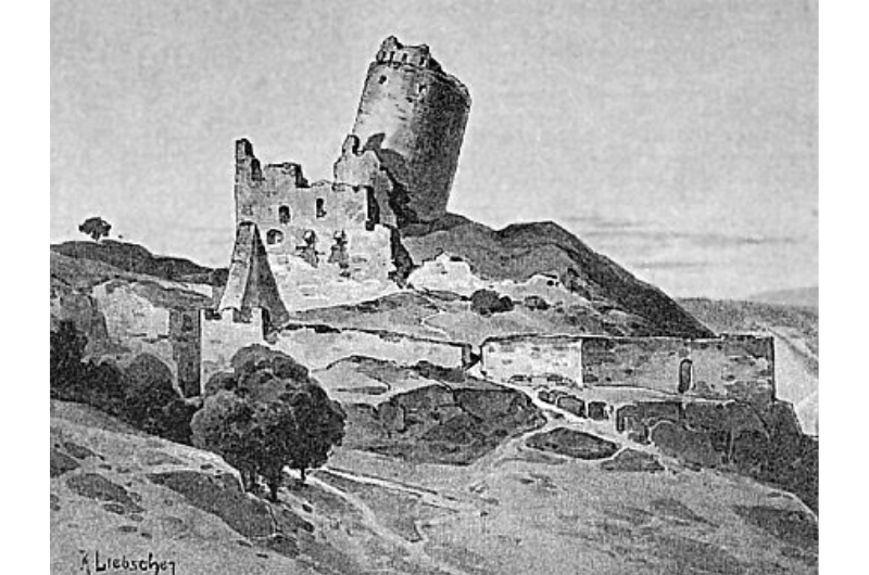 Eine historische Zeichnung von Karel Liebscher aus dem 19. Jahrhundert zeigt: Der Turm der Burgruine Michalovice war bereits vor über 150 Jahren schief.