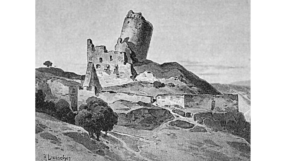 Eine historische Zeichnung von Karel Liebscher aus dem 19. Jahrhundert zeigt: Der Turm der Burgruine Michalovice war bereits vor über 150 Jahren schief.