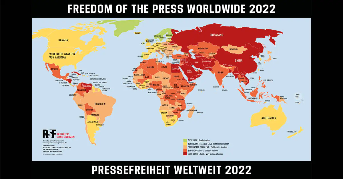 Rangliste der Pressefreiheit 2022. Grafik: Reporter ohne Grenzen