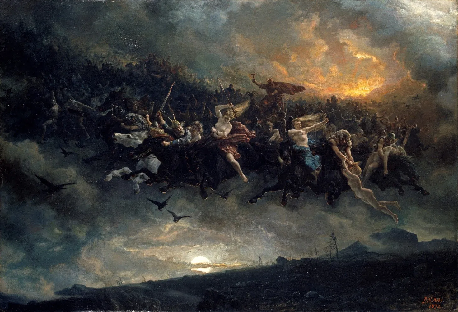 Bei der wilden Jagd jagt eine Gruppe von übernatürlichen Jägern über den Himmel. Foto: Wikimedia Commons/ Peter Nicolai Arbo (gemeinfrei)