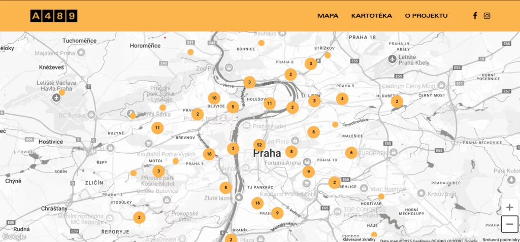 Ein Screenshot des online Stadtplans „Brutalní Praha“.