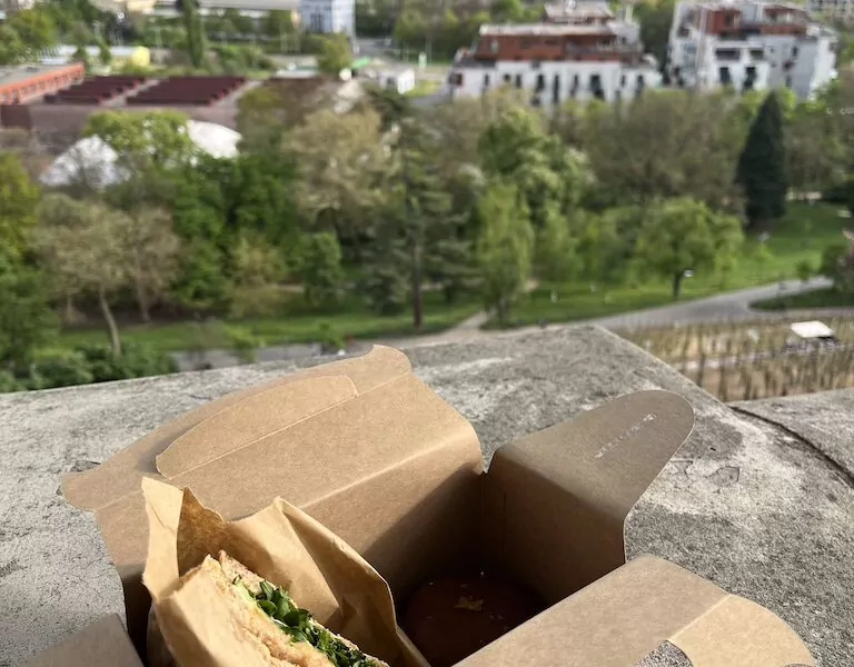 Pappverpackung mit Toast mit Räucherlachs, Frischkäse, Gurken und Rucola, dazu ein Schokotörtchen – genossen im Garten Grébovka mit Blick auf Prag.
