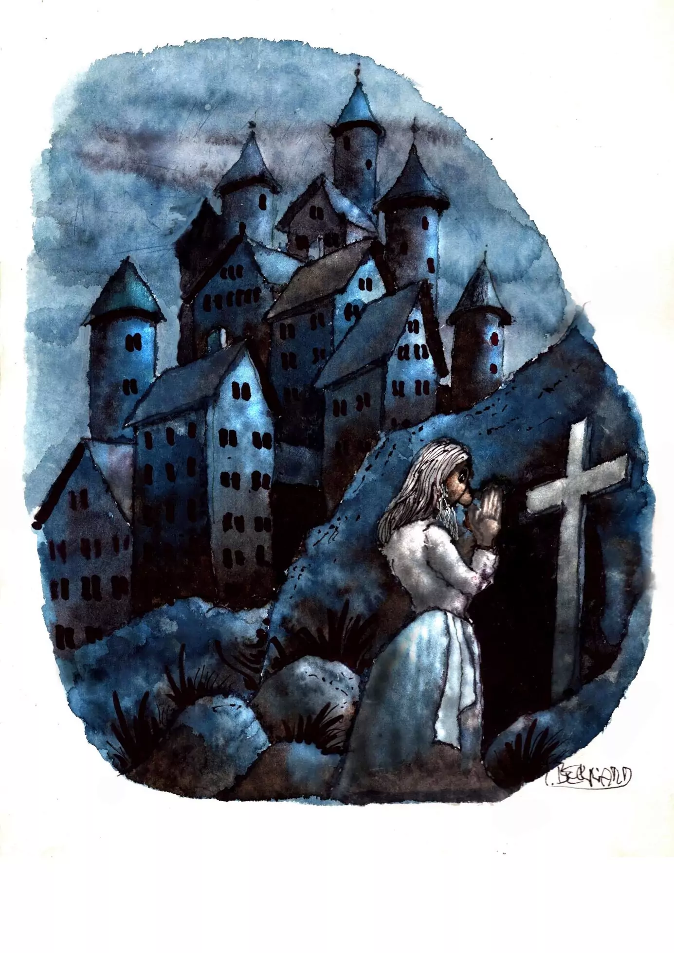 Eine Person betet, im Hintergrund, auf einem Hügel, thront die Burg Blanz.