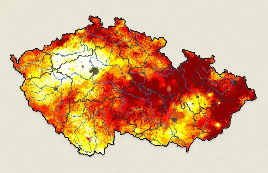 Die Karte von Intersucho zeigt die aktuelle Bodentrockenheit im Vergleich zum Durchschnitt im Zeitraum 1961-2015. Quelle: www.intersucho.cz