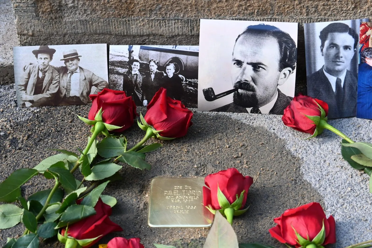 Der neue Stolperstein für Pavel Tigrid in der Kouřimská-Straße in Prag-Vinohrady. Rote Rosen und Familienfotos erinnern zugleich an die vielen Angehörigen der Familie Schönfeld, die Opfer der Shoah wurden.