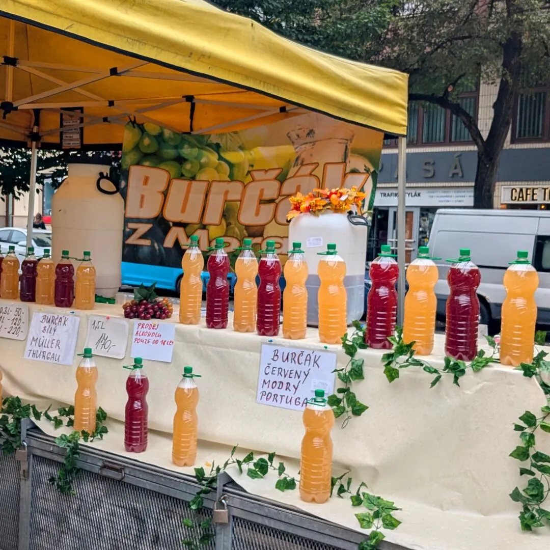 Burčák - tschechischer Federweisser - wird oft auf dem Markt verkauft und ist in verschiedenen Sorten bzw. Farben erhältlich.