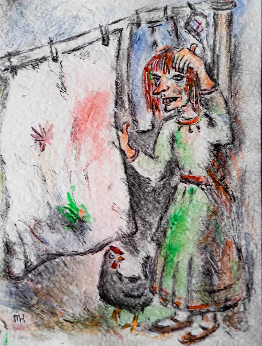 Die alte Frau Dora mit ihrer schwarzen Henne.